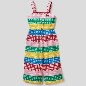 Rainbow Stripped Check Patterned Tank Jumpsuit Sheep Patch Cottagecore Summer